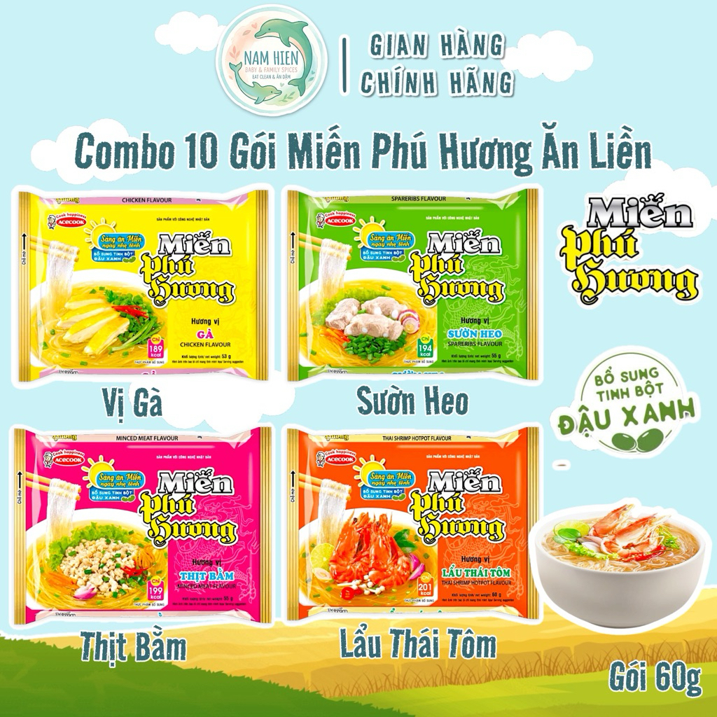 Combo 10 Gói Miến Phú Hương Mix Đủ Vị Acecook - Gói 60G