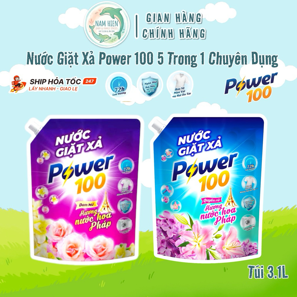 Nước Giặt Xả Power100 Hương Nước Hoa Pháp 3kg - Sạch Sâu, Lưu Hương 72 Giờ Cho Cả Giặt Máy & Giặt Tay)