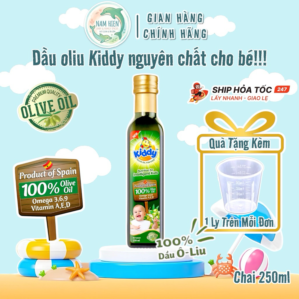 Dầu Oliu Cho Bé Kiddy Nguyên Chất (Tặng Ly Định Lượng) - Chai Thủy Tinh 250ml Thơm Ngon Dễ Sử Dụng