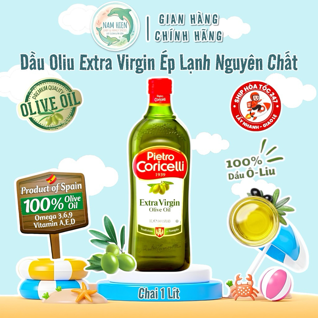 Dầu Oliu Extra Virgin Pietro Coricelli Nguyên Chất - Chai 1 Lít Ăn Dặm Cho Bé