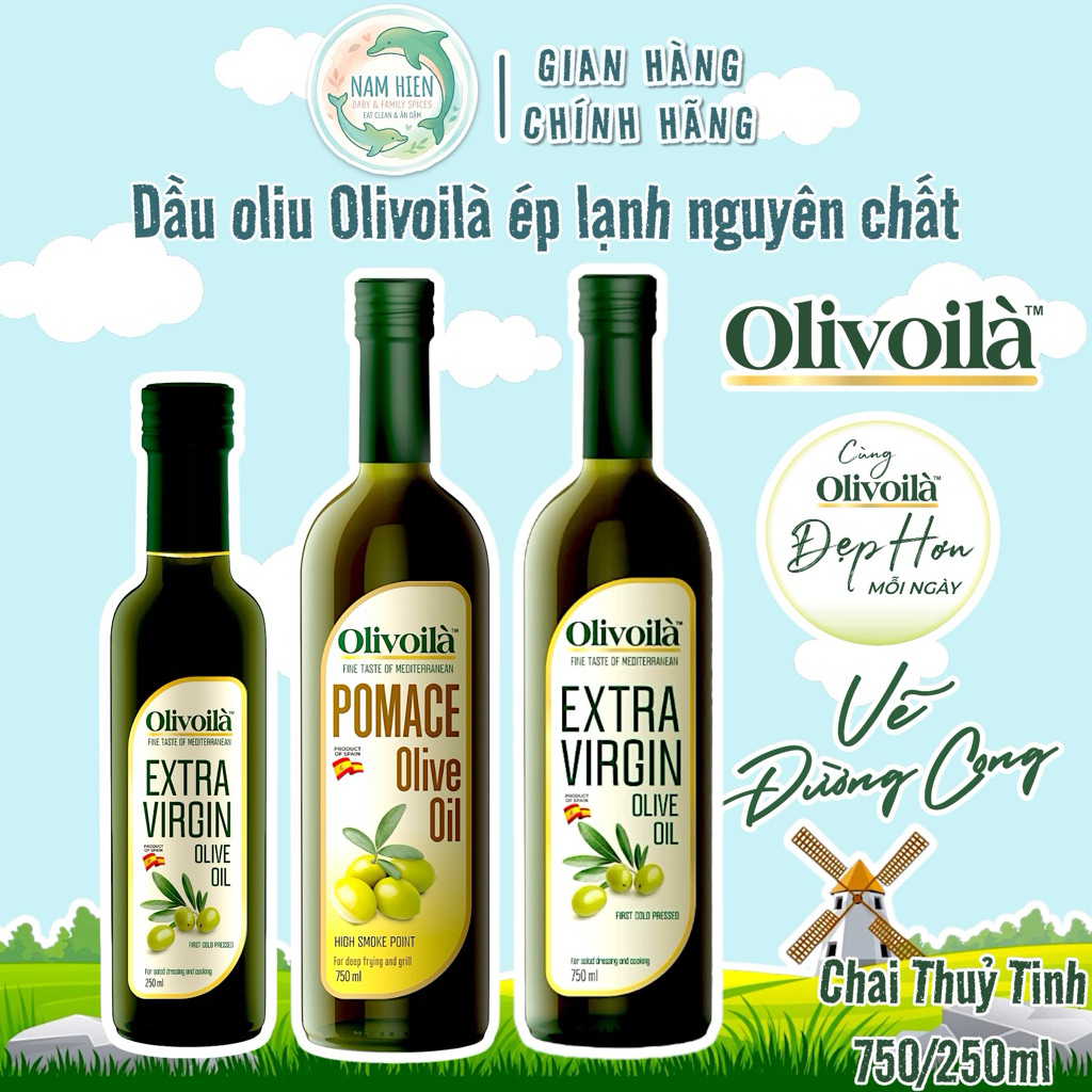 Dầu Oliu Olivoilà Extra Virgin, Pomace Nguyên Chất (Tặng Ly Định Lượng) - Chai Thủy Tinh Nhập Khẩu Tây Ban Nha