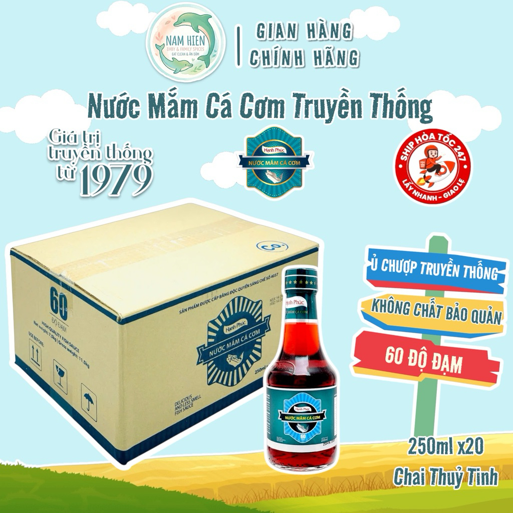Thùng 20 Chai Nước Mắm Cá Cơm Hạnh Phúc 60 Độ Đạm [DATE MỚI] - Chai 250ml