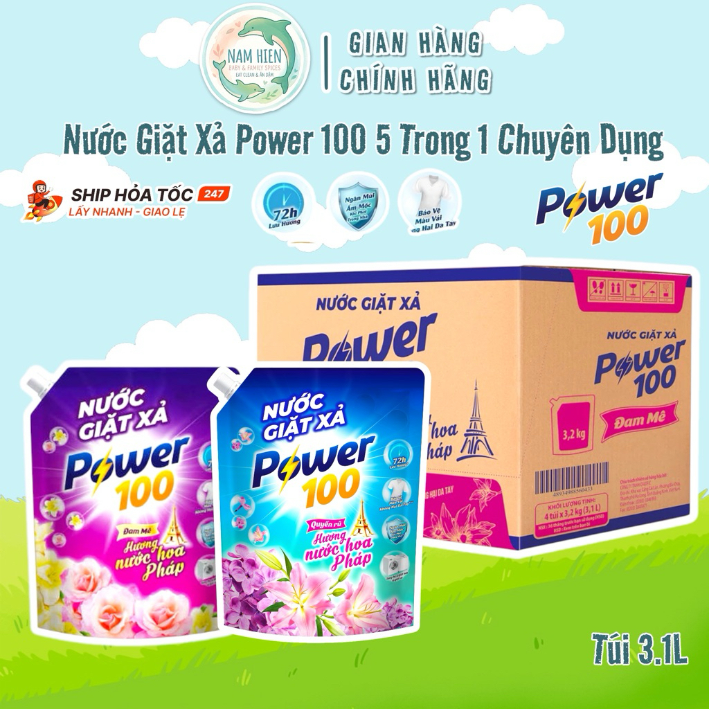 Sỉ Thùng 4 Túi Nước Giặt Xả Power 100 Hương Nước Hoa Pháp Quyến Rũ/ Đam Mê - Túi 3Kg