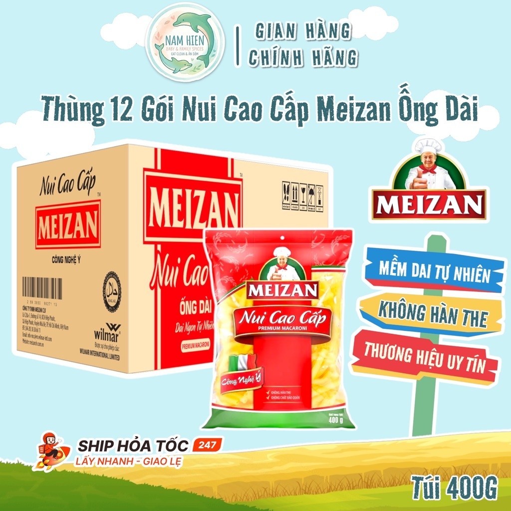 Thùng 12 Gói Nui Cao Cấp Meizan 400g | Nam Hiền Food