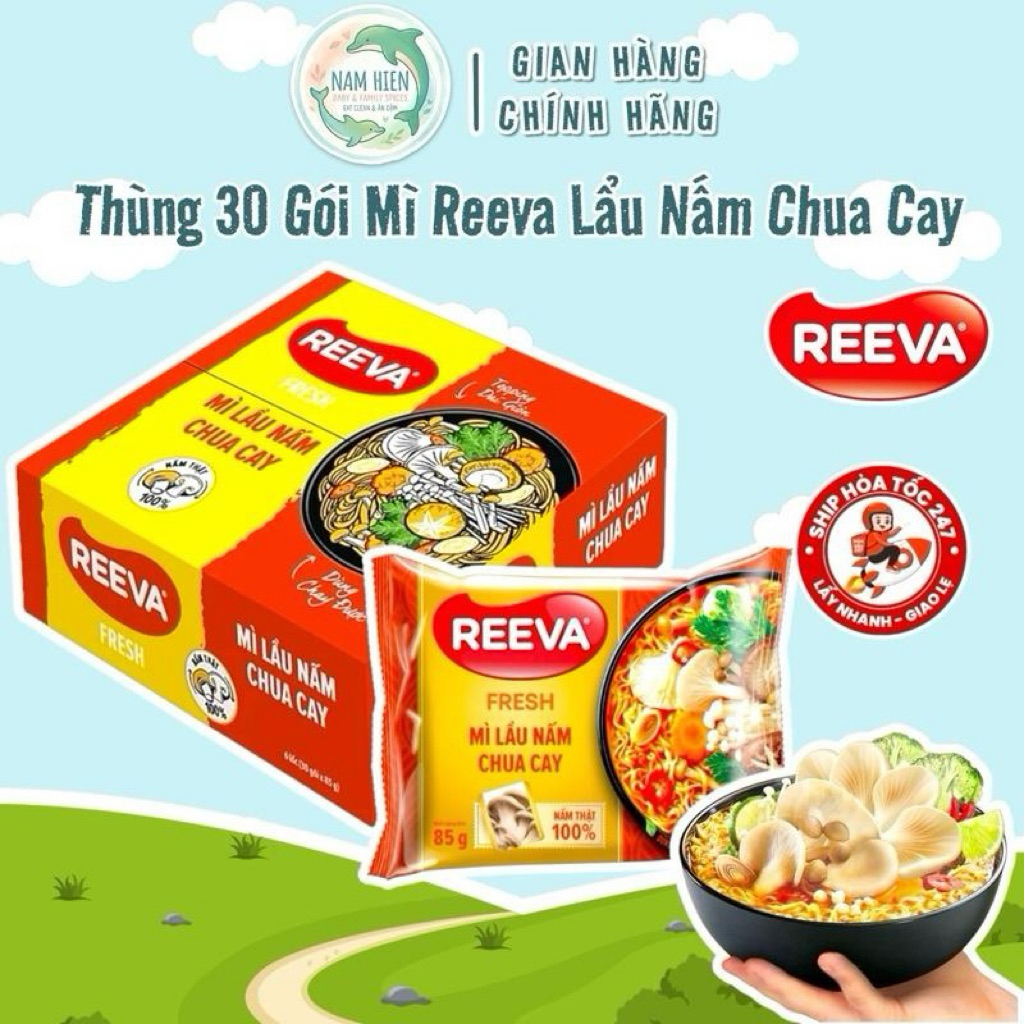 Thùng 30 Gói Mì Reeva Lẩu Nấm Chua Cay Chay Mặn Đều Được - Gói 85g